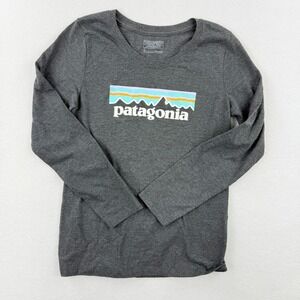 PATAGONIA Girls Long Sleeve Tee Size L (12) P-6‎ Logo Shirt Gray